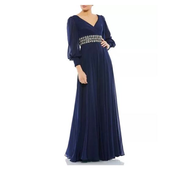 Mac Duggal Midnight Blue Beaded Belt Long Sleeve A-Line Gown Size 16 $598 - Picture 2 of 7